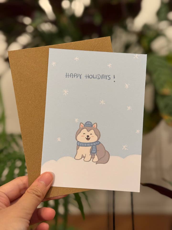 Cartão de Natal e Férias de Inverno com Husky Fofo e Envelope por atacado de Chumi Studio