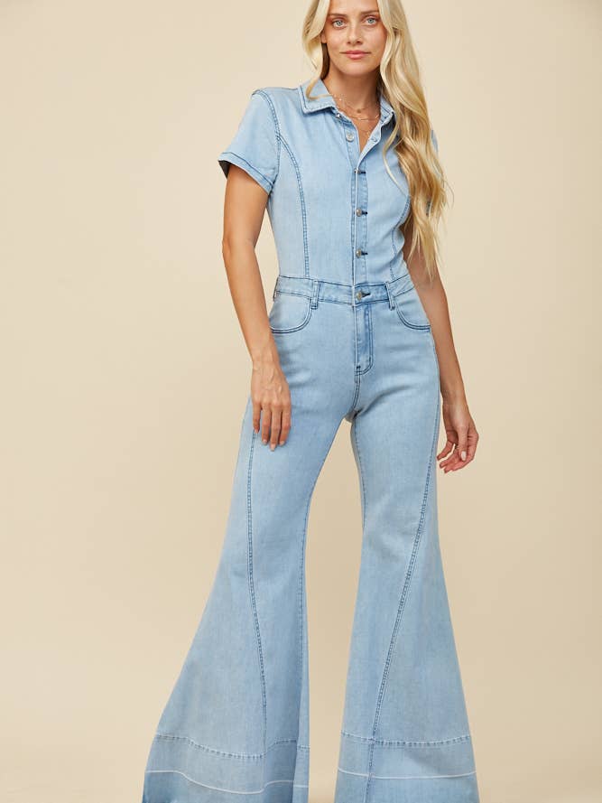WIDE LEG DENIM JUMPSUIT - LT DENIM 4440 for wholesale by WISTERIA LANE