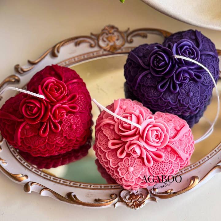 Elegant Rose-Adorned Heart Candle 3x5in - Valentines for wholesale by Agaboo Candle