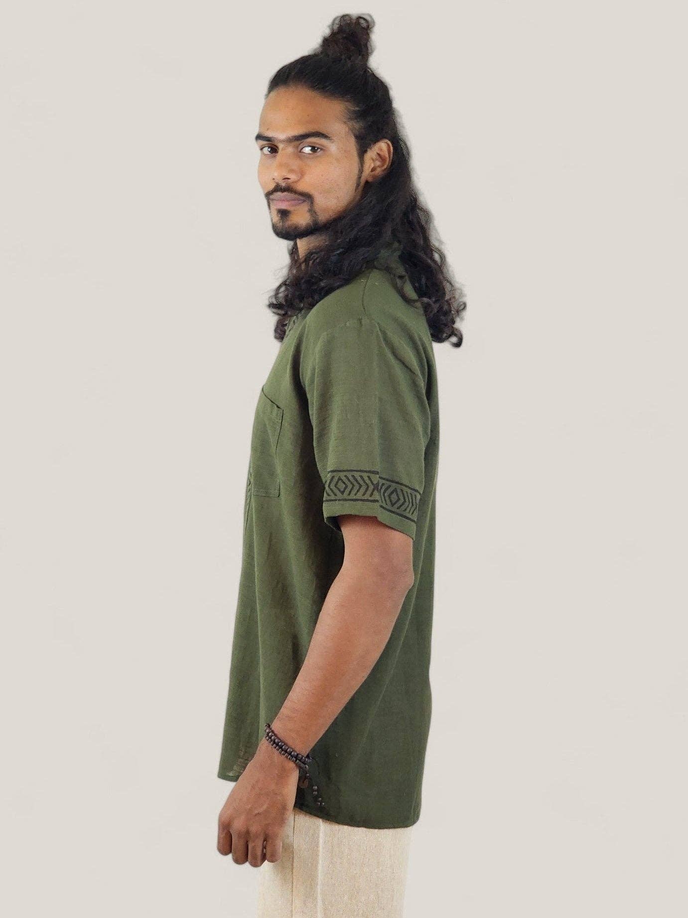 Sacred Ceremony - Wholesale Button Down Shirt - Men's - Men's Green Organic Linen Short Sleeve Block-Printed Button-Down Shirt7