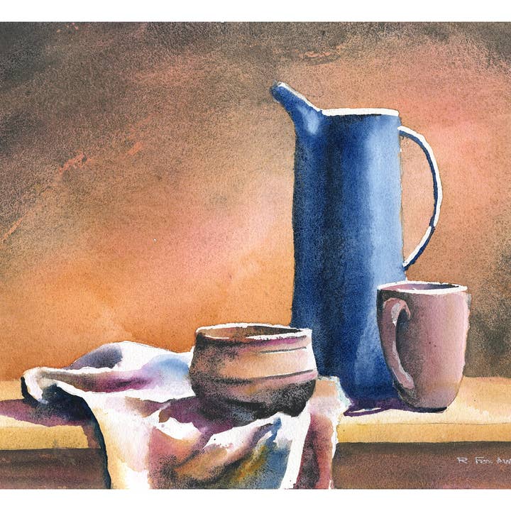 Art de cuisine coloré nature morte pot en terre cuite vase à eau tasse à café art pour la maison (impression) pour la vente par Ryan Fox Fine Art