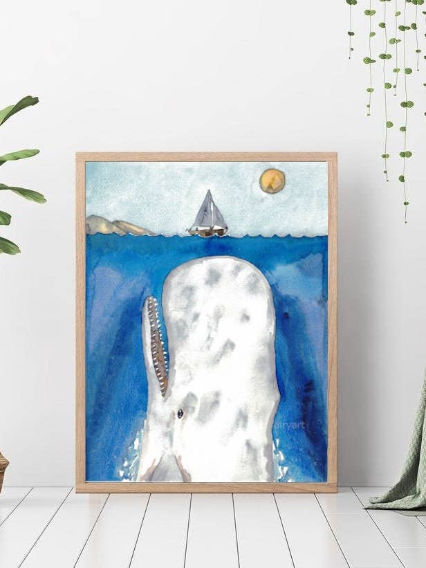 Impressão em aquarela de baleia e barco de pesca por atacado de Goodfairyart