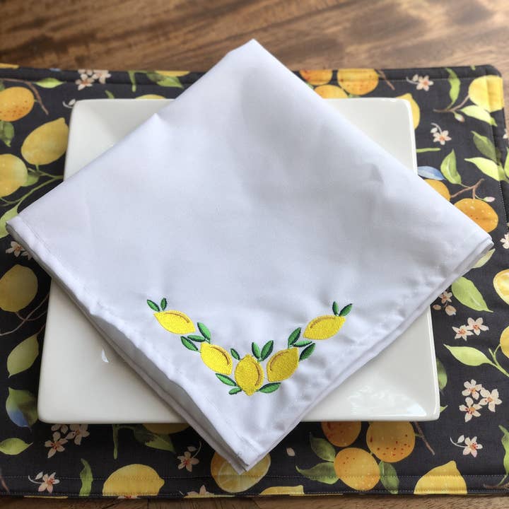 Napkins - Embroidered Lemons With Leaves - Set of Two for wholesale by Vibrantly Blue