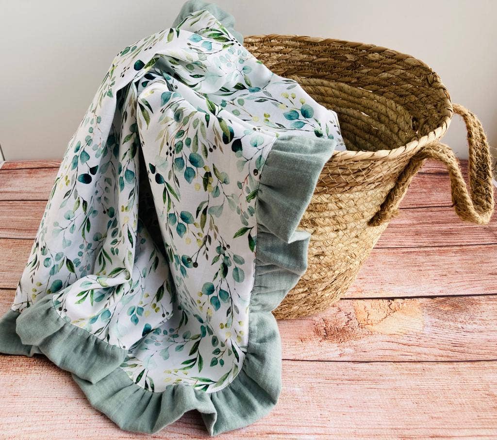 Pastel Baby - Wholesale Bedding Blanket - Kids & Baby - Organic Muslin Baby Blanket With Ruffle - Sage Eucalyptus1