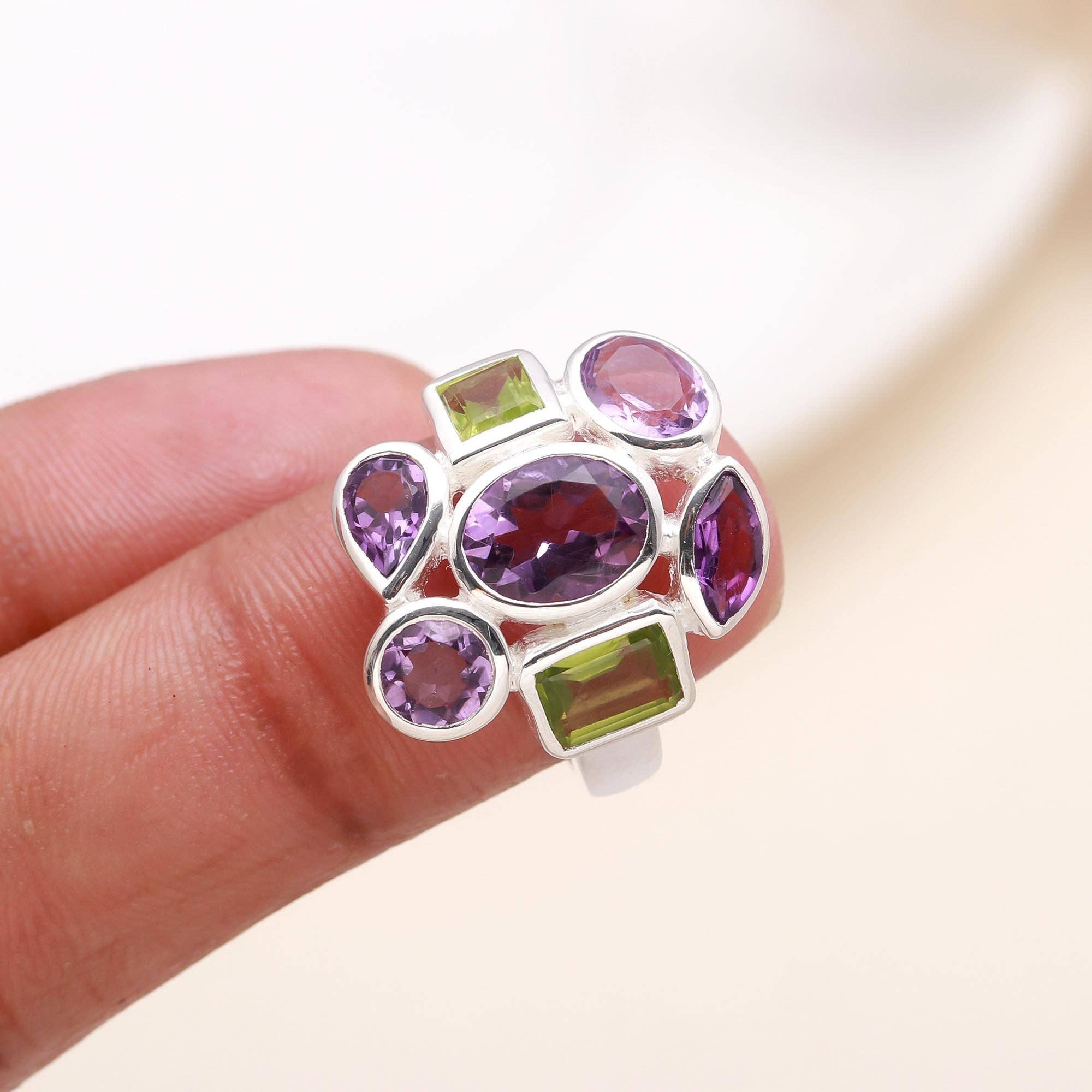 AG 925 JEWELLERY - Wholesale Cocktail/Statement Ring - Handmade Natural Faceted Amethyst & Peridot 925 Sterling Silver Statement Ring
