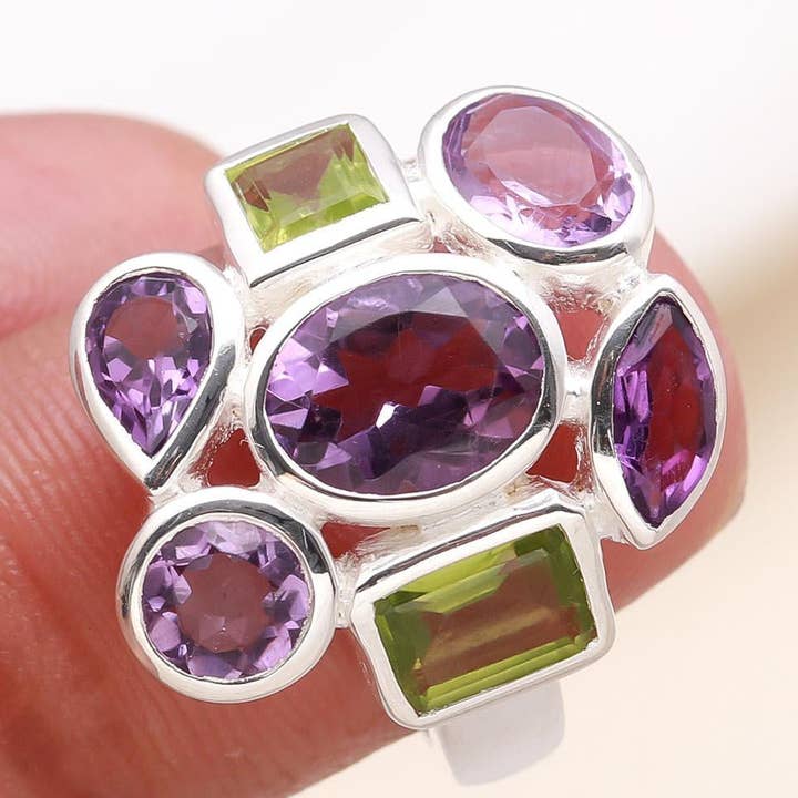 AG 925 JEWELLERY - Wholesale Cocktail/Statement Ring - Handmade Natural Faceted Amethyst & Peridot 925 Sterling Silver Statement Ring0