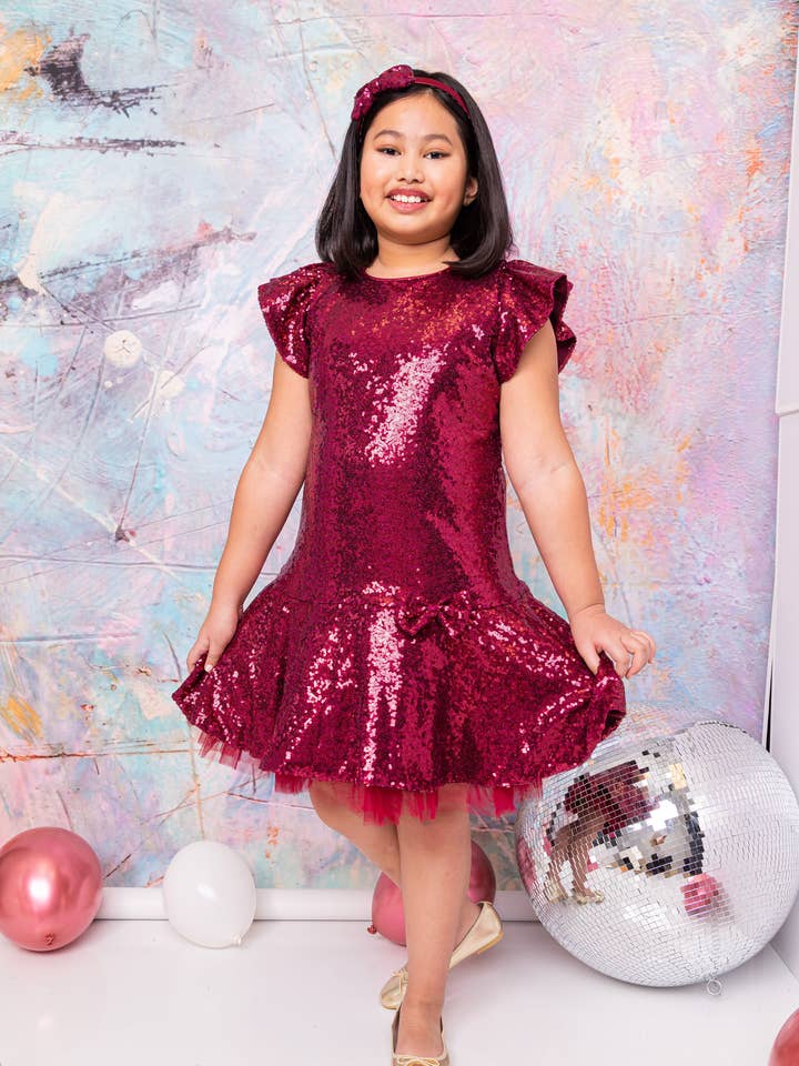 *VENDITA* Abito da ragazza con maniche arricciate con paillettes Plus Size per la vendita all'ingrosso da parte di Kid's Dream