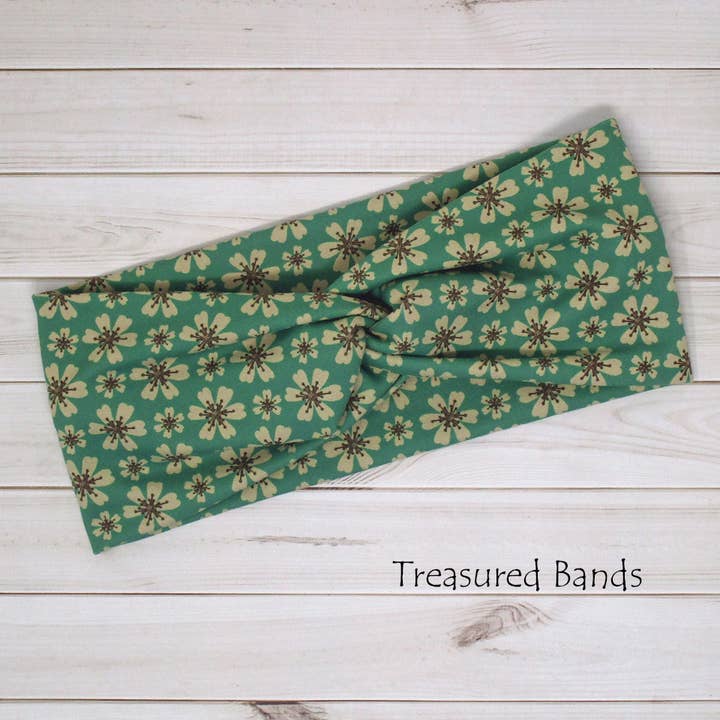 Boho Natural Blue Sage Floral Print Twist Headband for wholesale by Treasured Haven