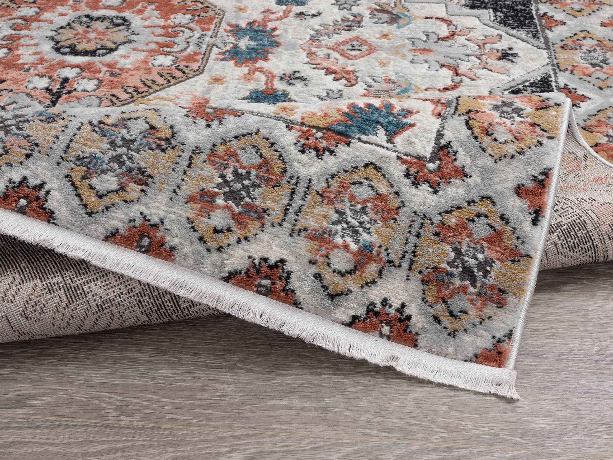 Abani Rugs – wholesale Matta – Azurfärgad beige medaljongmatta med svart kopparfärgad kant5