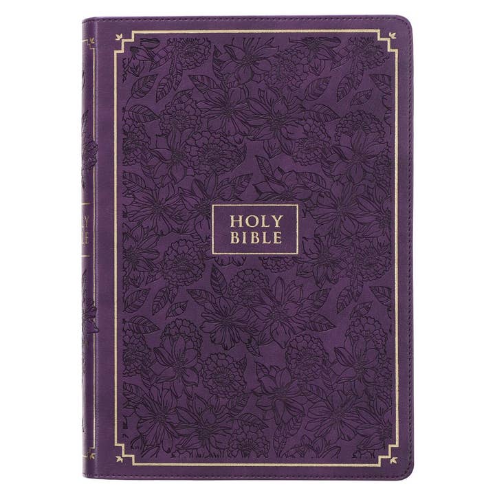 Bible KJV en similicuir pleine grandeur à imprimé géant, motif floral violet pour la vente par Christian Art Gifts