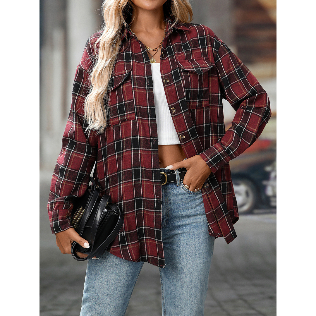 UNISHE - Wholesale Shirt - Women's - Casual Loose Fit Plaid Pockets Button-Down Shirt MD2134
