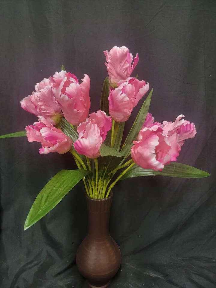 Perroquet en soie, tulipier, 12 fleurs, rose pour la vente par Gary's Wholesale