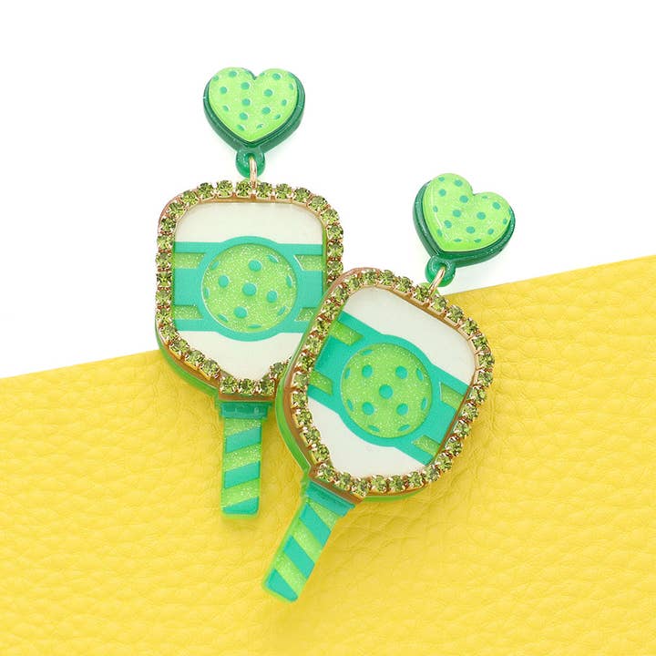 Lime Green Pickleball Paddle and Heart Earrings for wholesale by Lavender Willow