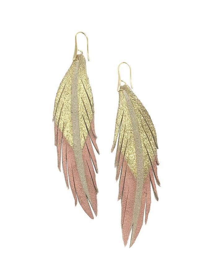 Short Feather Leather Earrings - Gold/Peachy Pink Painted for wholesale by The Supply Society