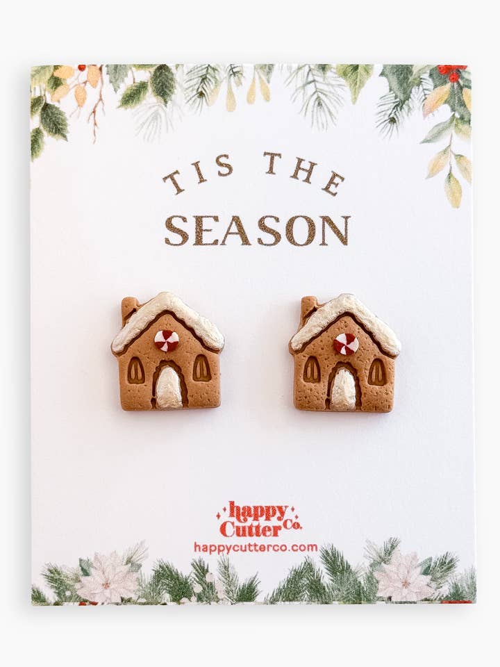 Christmas Studs - Gingerbread House Cute Holiday Earrings for wholesale by Happy Cutter Co