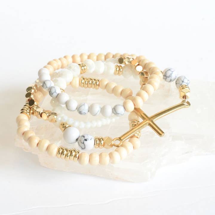 Two and Crew - Wholesale Jewelry Set - Gold Cross creams beaded stackable Christian bracelet set