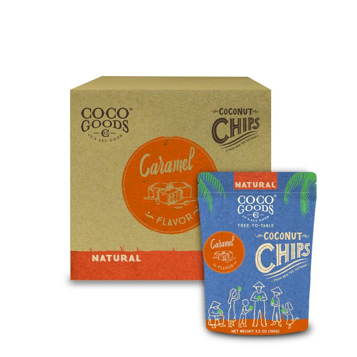 CocoGoods Co - Wholesale Chips - Natural Toasted Coconut Chips, Caramel 3.5 oz Zip Lock Bag