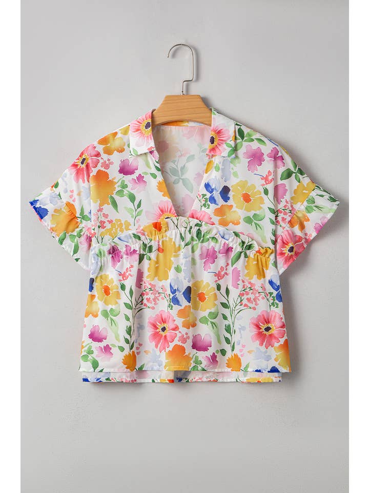 1 the Woman - Wholesale Blouse - Women's - Floral Boxy Fit Ruffled Short Sleeve V Neck Blouse
