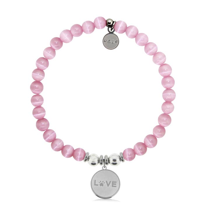 Love Paw Charm with Pink Cats Eye Charity Bracelet for wholesale by H.E.L.P