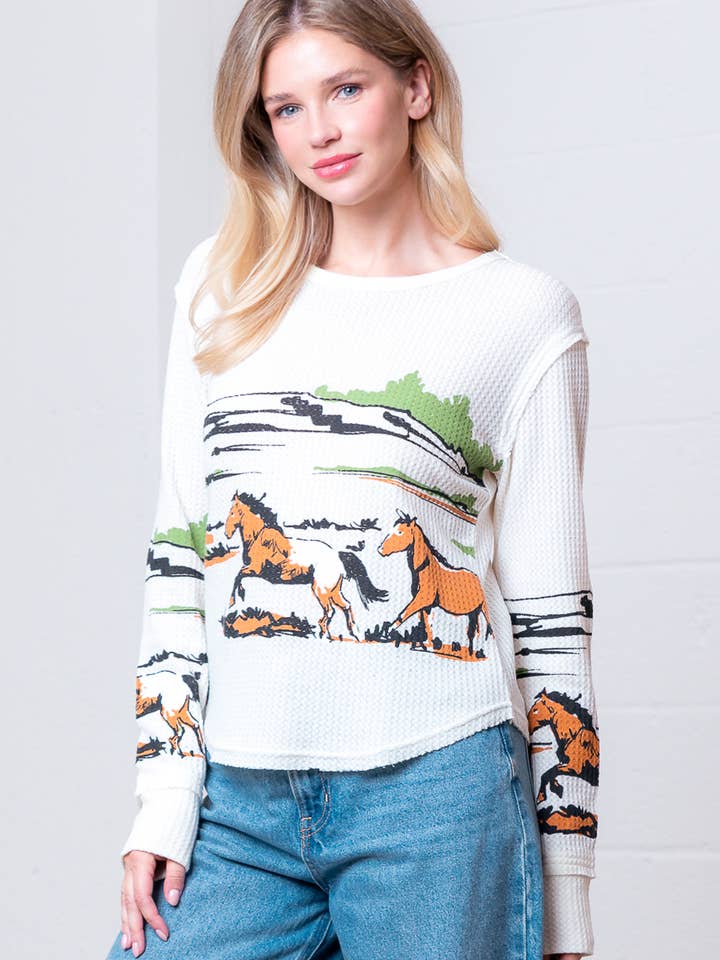 HT28791T-L/S CRÉW À COL ROND IMPRIMÉ CHEVAL THERMO EN WAFFLE pour la vente par Taelynn