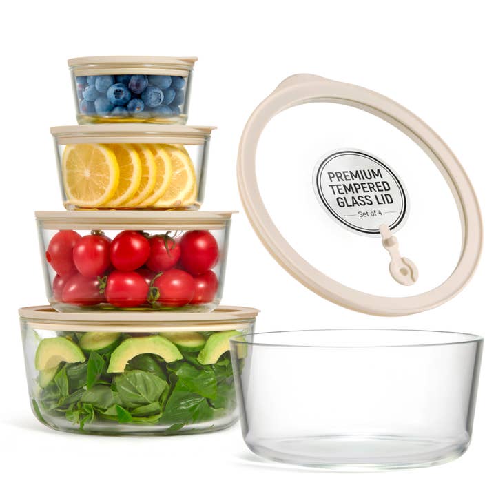 Glass Nesting Bowl Set with Lids, Clear/Sand for wholesale by Kook