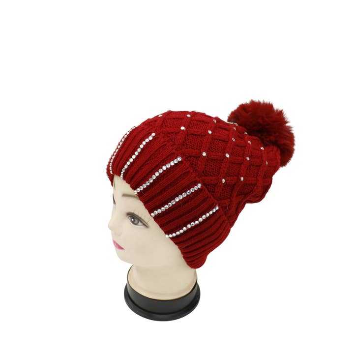 ASSORTED Pom Pom Knitted Beanie With Rhinestone HA4727-8 (12PC) for wholesale on Faire18