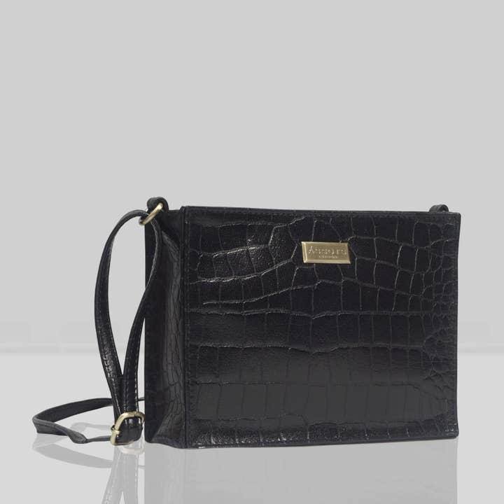 'SUSAN' Black Croc Real Leather Rectangle Box Crossbody Bag for wholesale by Assots London