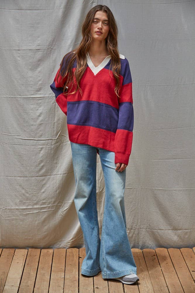 Navy Red W2225 | Knit Sweater Collared Rugby Pullover Top for wholesale on Faire1