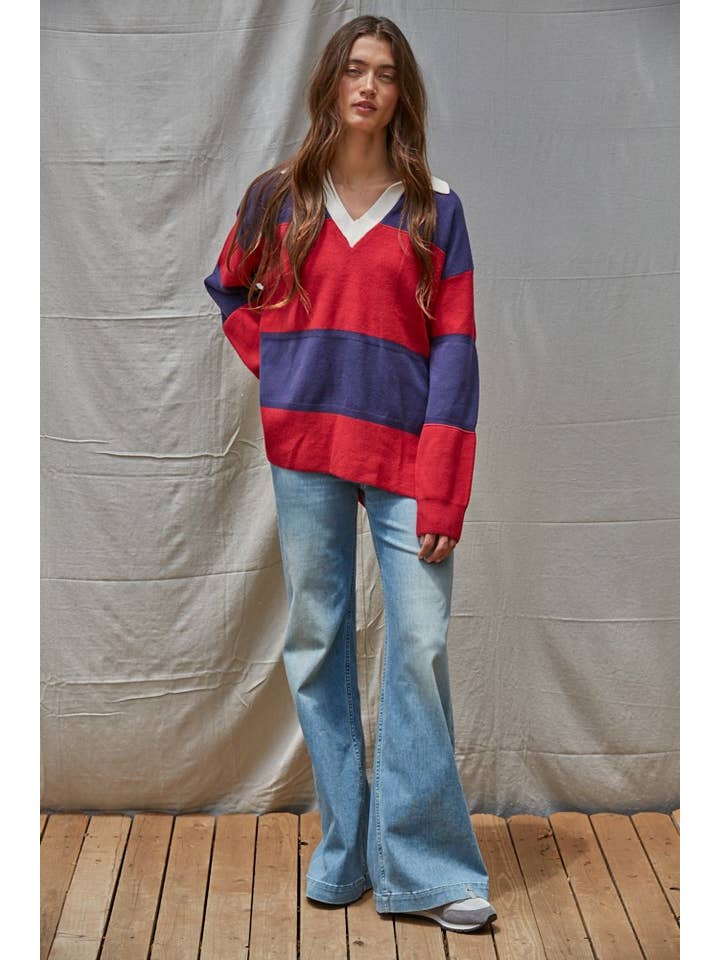 Navy Red W2225 | Knit Sweater Collared Rugby Pullover Top for wholesale on Faire1