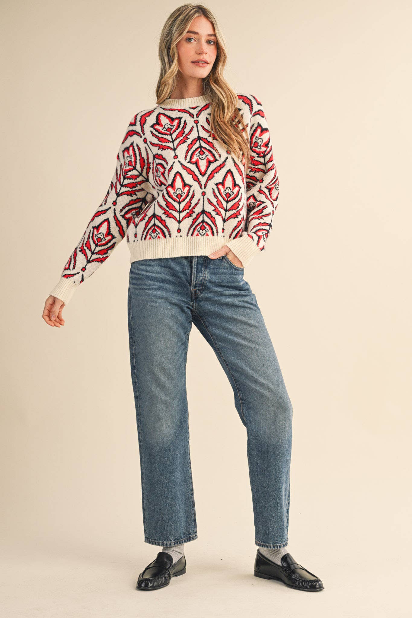 &MERCI - Wholesale Knit Sweater - Women's - FLORAL PATTERN KNIT SWEATER MSW1109515