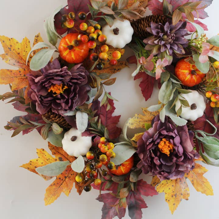 ACNITE(We cover U.S. import duties) - Vente Couronne - Couronne florale d'automne avec citrouille, pivoine violette et feuilles d'érable3