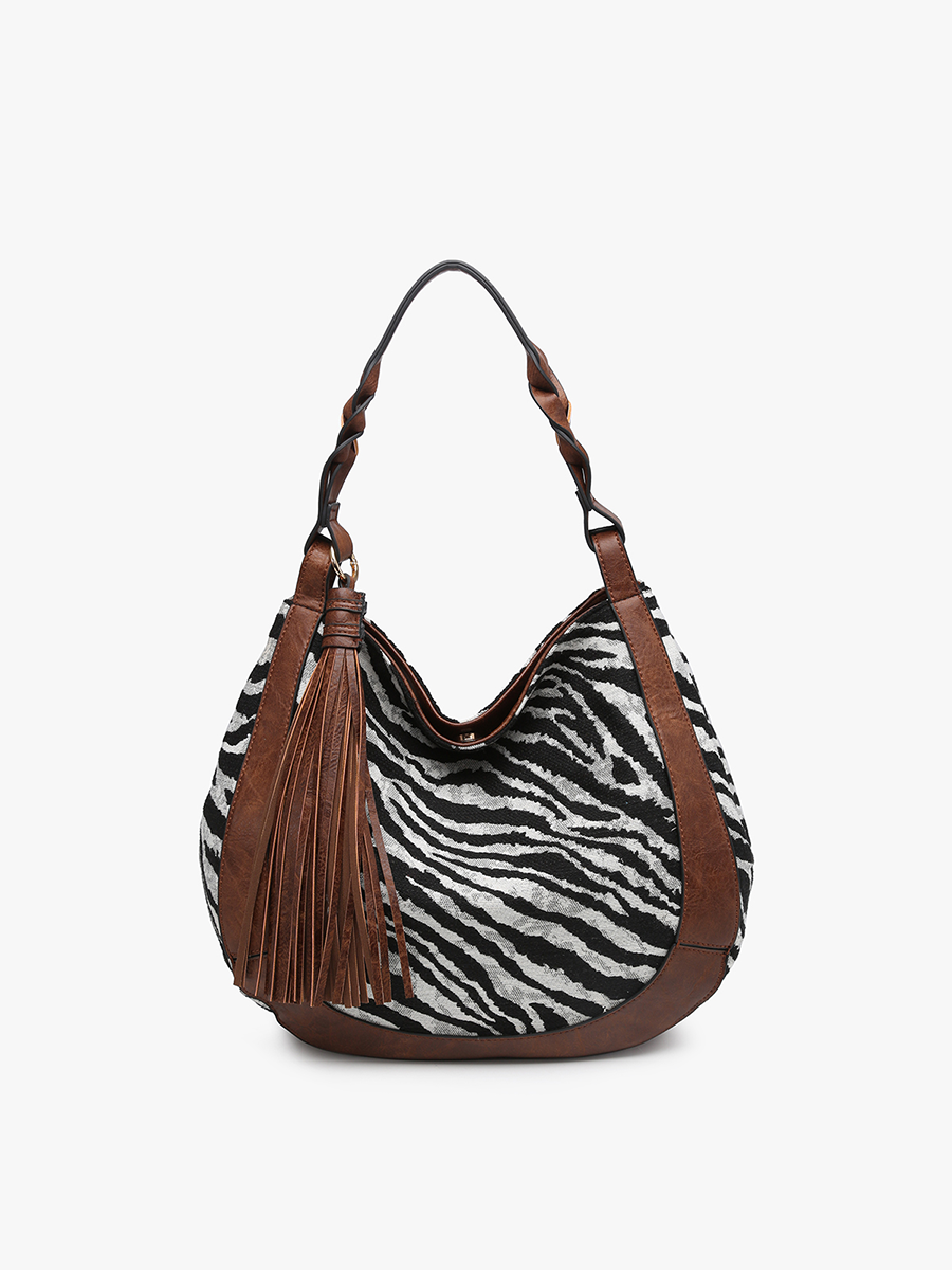 Jen & Co. – wholesale Shoulder bag – women's – M2255 Nori Zebra Printed Hobo w/ Large Tassel2