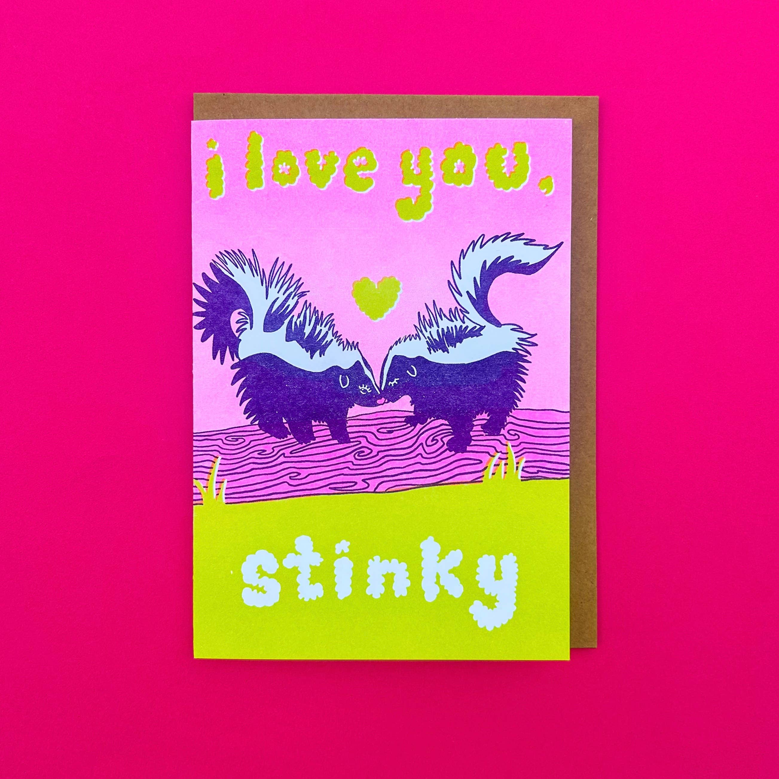 Foolish Designs - Vente Cartes de déclaration d'amour - Carte de vœux Love You Stinky Skunk Card Risograph2