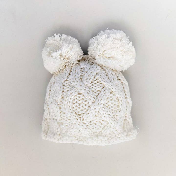 Huggalugs - Wholesale Newborn/Knit Hat - Baby - Newborn Baby Aran White Double Pom Pom Beanie Hat