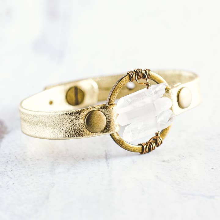 Giving Bracelets - Wholesale Bangle Bracelet - Be the Light Leather Bracelet-Antique Brass-Quartz Crystal0