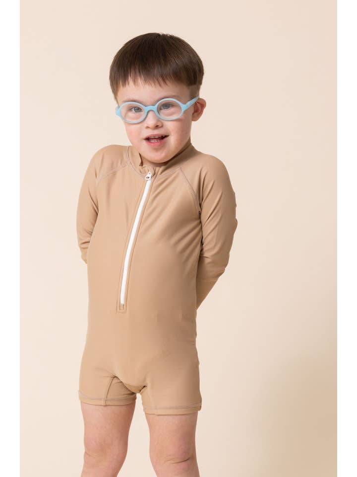 Brown White Boy's Zip Up Rashguard | Brown/White for wholesale on Faire