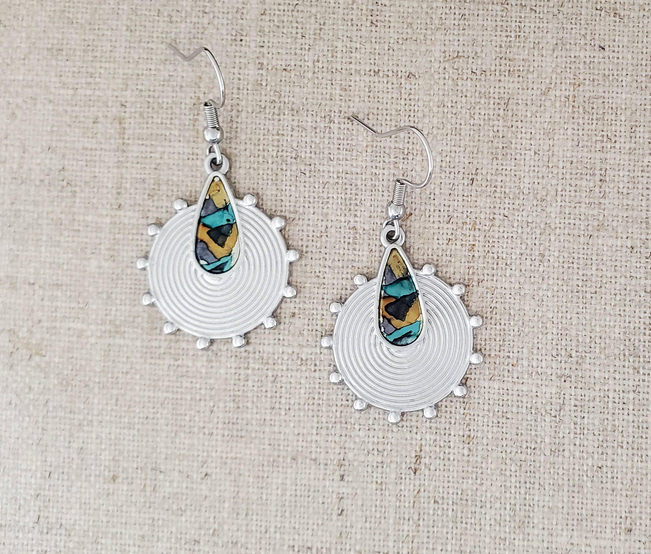 Covaly Artisan Jewelry - Wholesale Dangle Earrings - Alcohol Ink Stainless Steel Circle & Teardrop Earrings 3