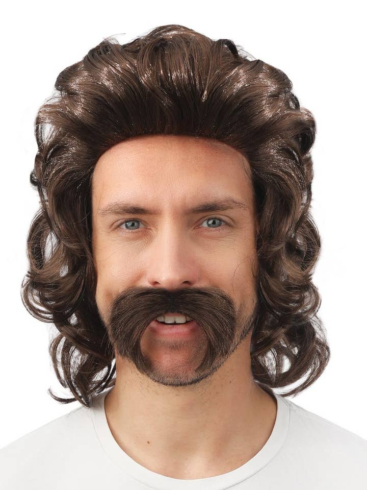 Schulterlange Perücke mit Schnurrbart - braun für den Großhandel von P'tit Clown