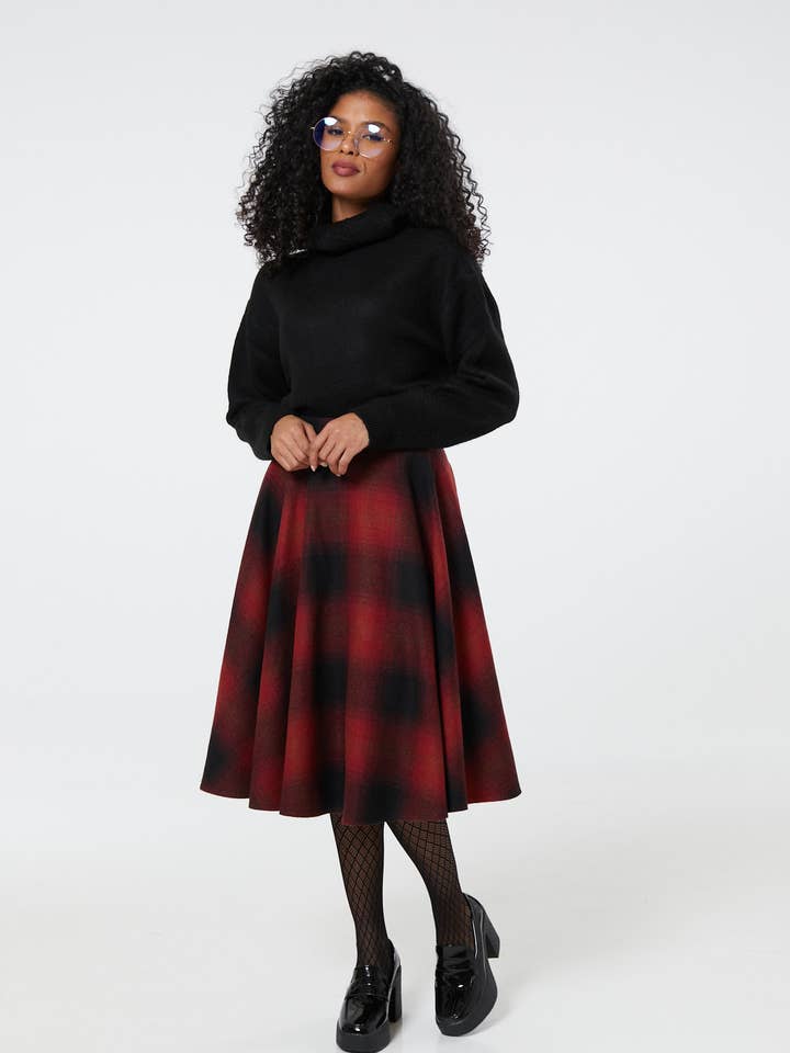Timeless London - Venta al por mayor Falda - Mujer - Falda midi de tartán a cuadros roja y negra de lana Sophie.