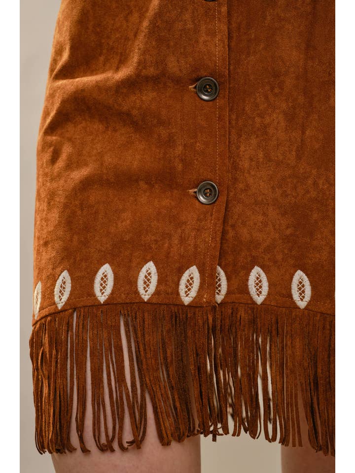 BROWN 99655D Embroidered Suede Fringe Dress for wholesale on Faire4