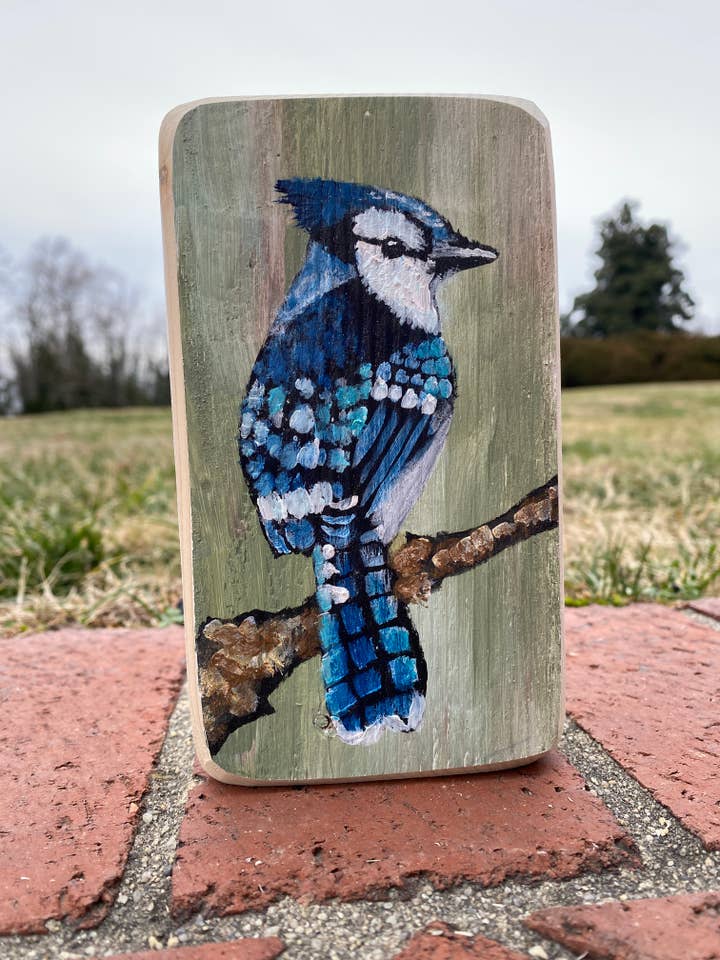 Hand-painted Blue Jay on Wooden Block- Spring 2026 for wholesale by Kelly Jean Paintings