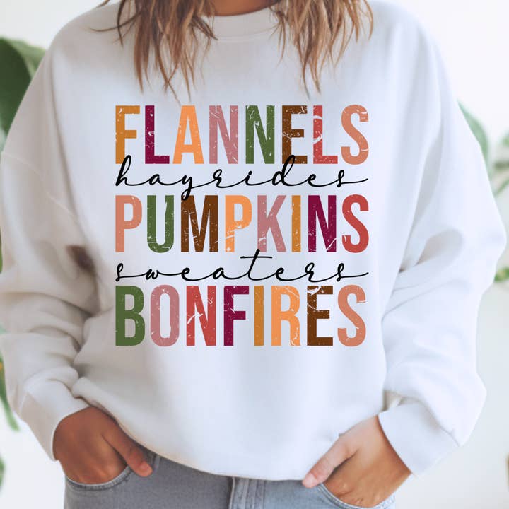 Flannels Pumpkins Bonfires Crewneck Sweatshirt for wholesale by Kiki's Boutique