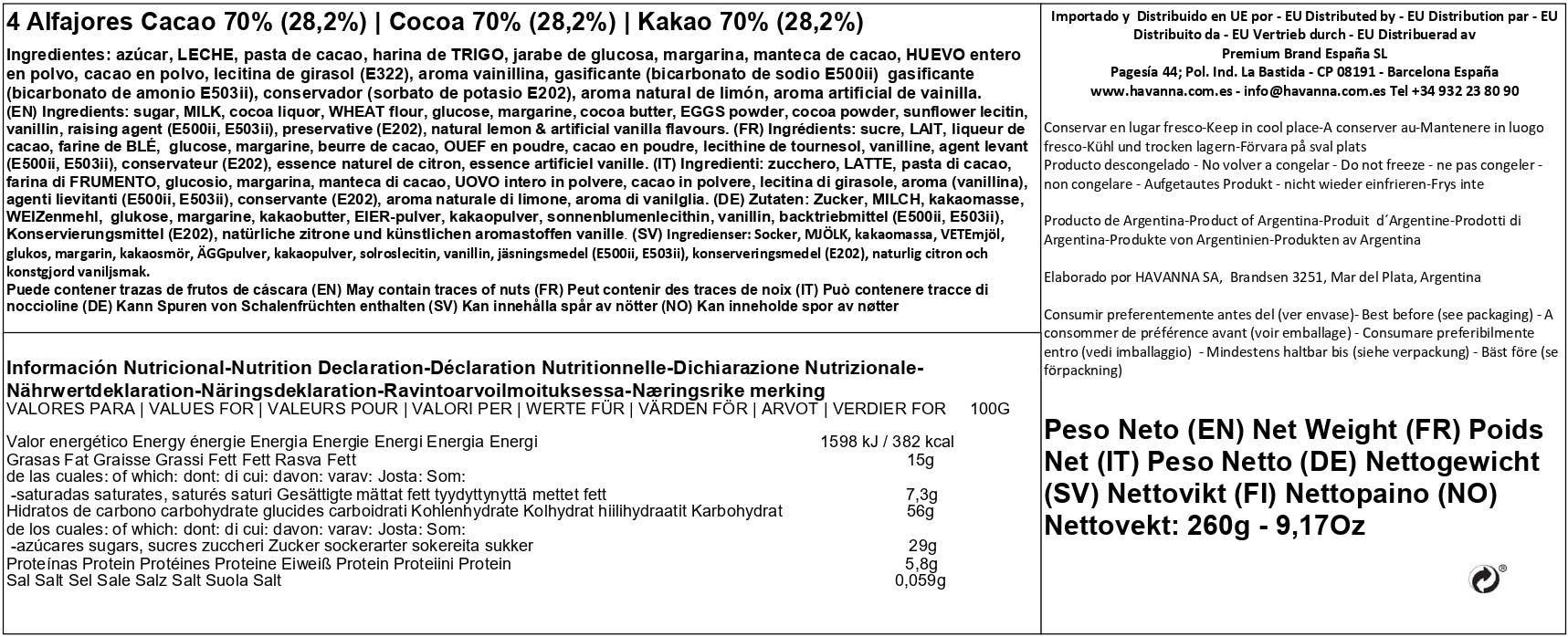 Premium Brand – wholesale Biscuit – Havanna | Alfajores 70% Pure Cocoa | 4 units | 260 grams4