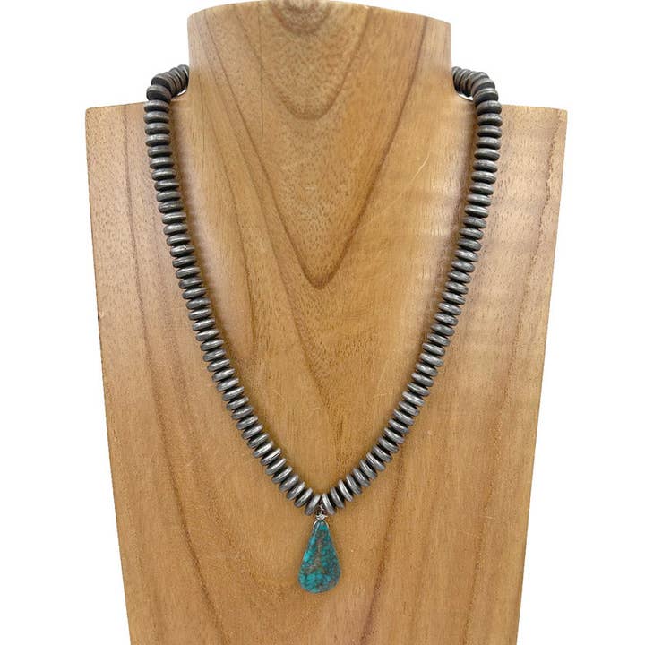 Western Elite Jewelry - Wholesale Beaded/Pearl Necklace - NKZ230930-50 16 Inches silver roundel Navajo pearl beads with dark blue turquoise stone teardrop Necklace0