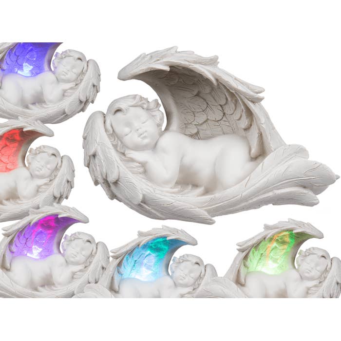 Sleeping polyresin angel in wings with colour, for wholesale by Out of the blue KG