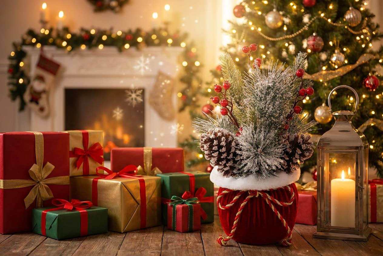 Flora Bunda Inc - Wholesale Christmas Decoration - Christmas Pine & Berry Arrangement in Red Velvet Bag2