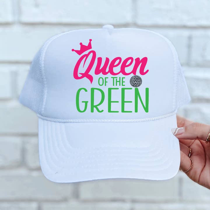 Queen of the Green DTF Printed White Trucker Hat for wholesale by Southern Attitude Designs Inc