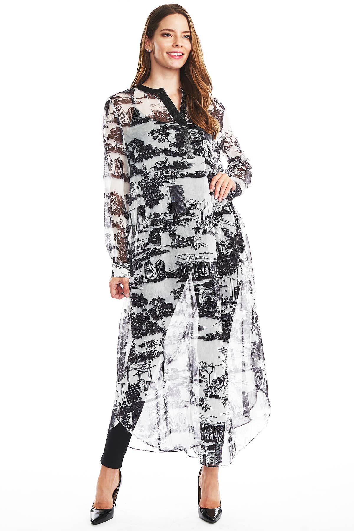 TOV – Engroshandel Tunika - Dame – [OP4162] Faux læder Trim Trykt Sheer Tunika1