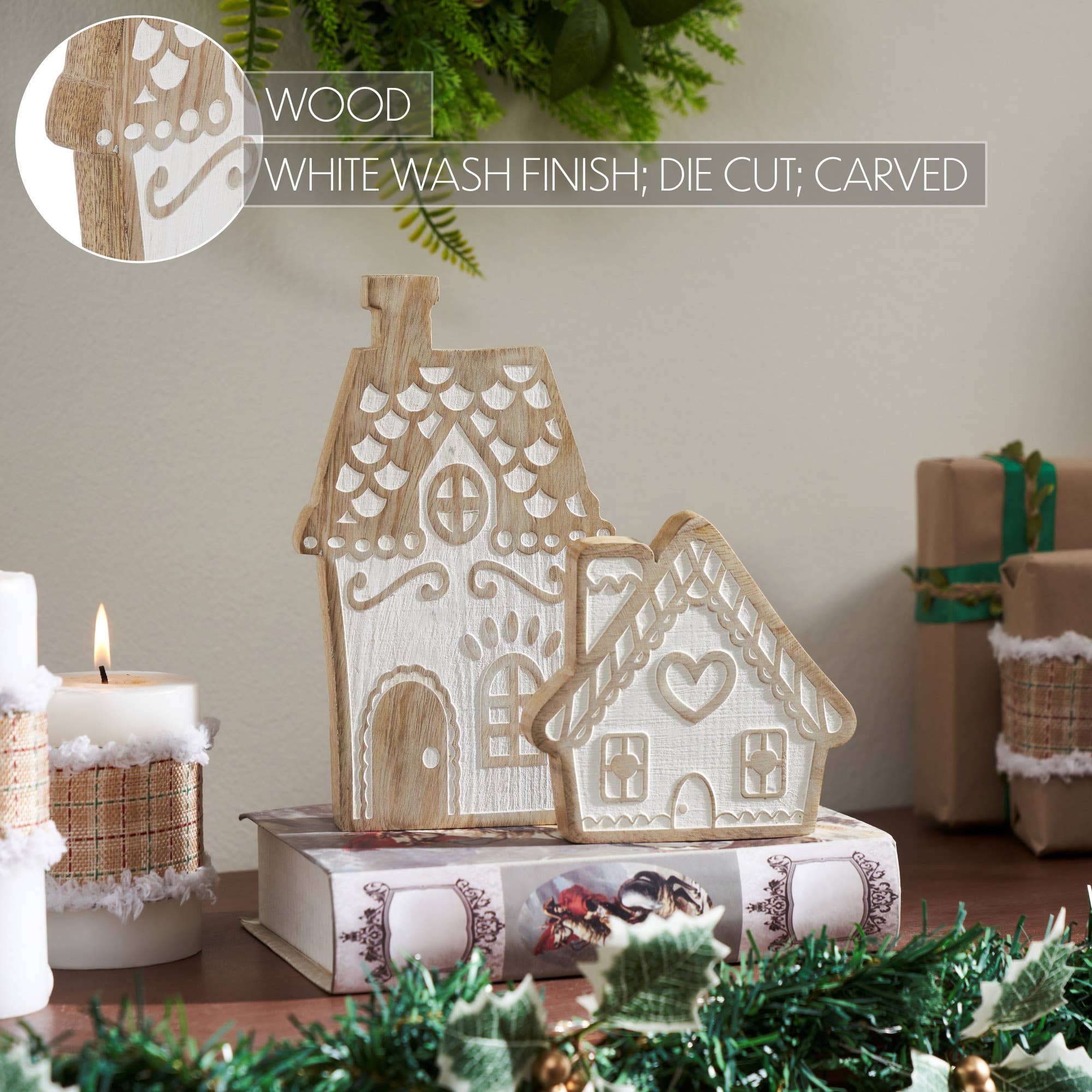 VHC Brands - Wholesale Decorative Tabletop Object - White Washed Gingerbread Drive Natural Wooden Houses Set of 2 - 5x5x1/8x5x13