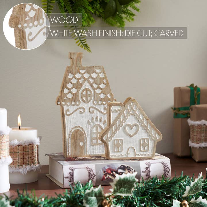 VHC Brands - Wholesale Decorative Tabletop Object - White Washed Gingerbread Drive Natural Wooden Houses Set of 2 - 5x5x1/8x5x13